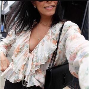 Zara Floral Long Sleeve Ruffled Cropped V-Neck Blouse Top S Blogger Favorite S